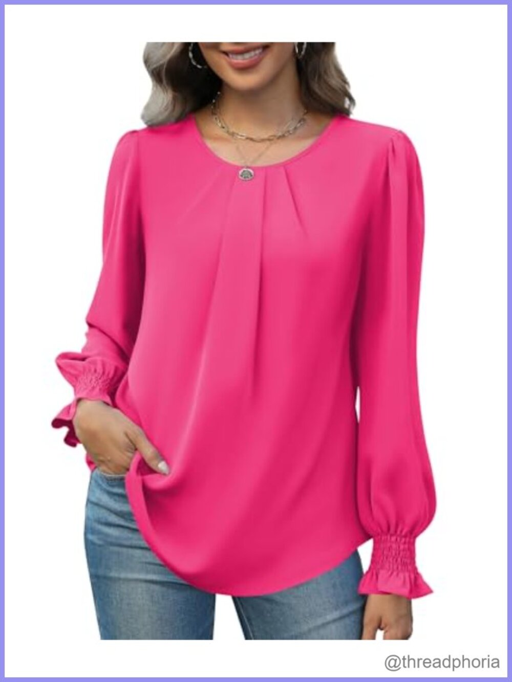 Womens Chiffon Tunic Blouse Long Puff Sleeve Smocked Top Office Work